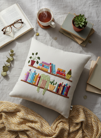 Hand-Embroidered Book Lover Cushion with Colorful Bookshelf & Potted Plants | Cozy Reading Nook Decorative Throw Pillow