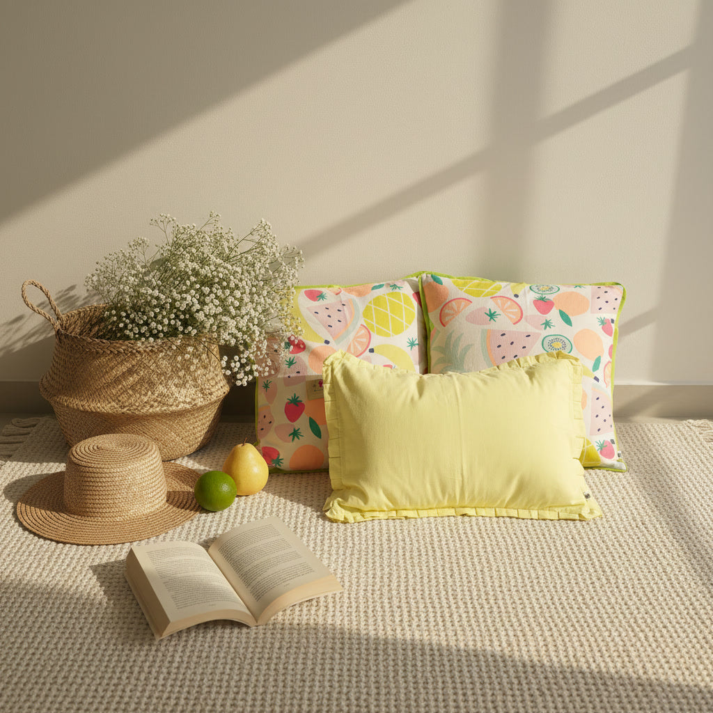 Playful Fruity Print Cushion Cover with Lime Green Piping Border Set of 2
