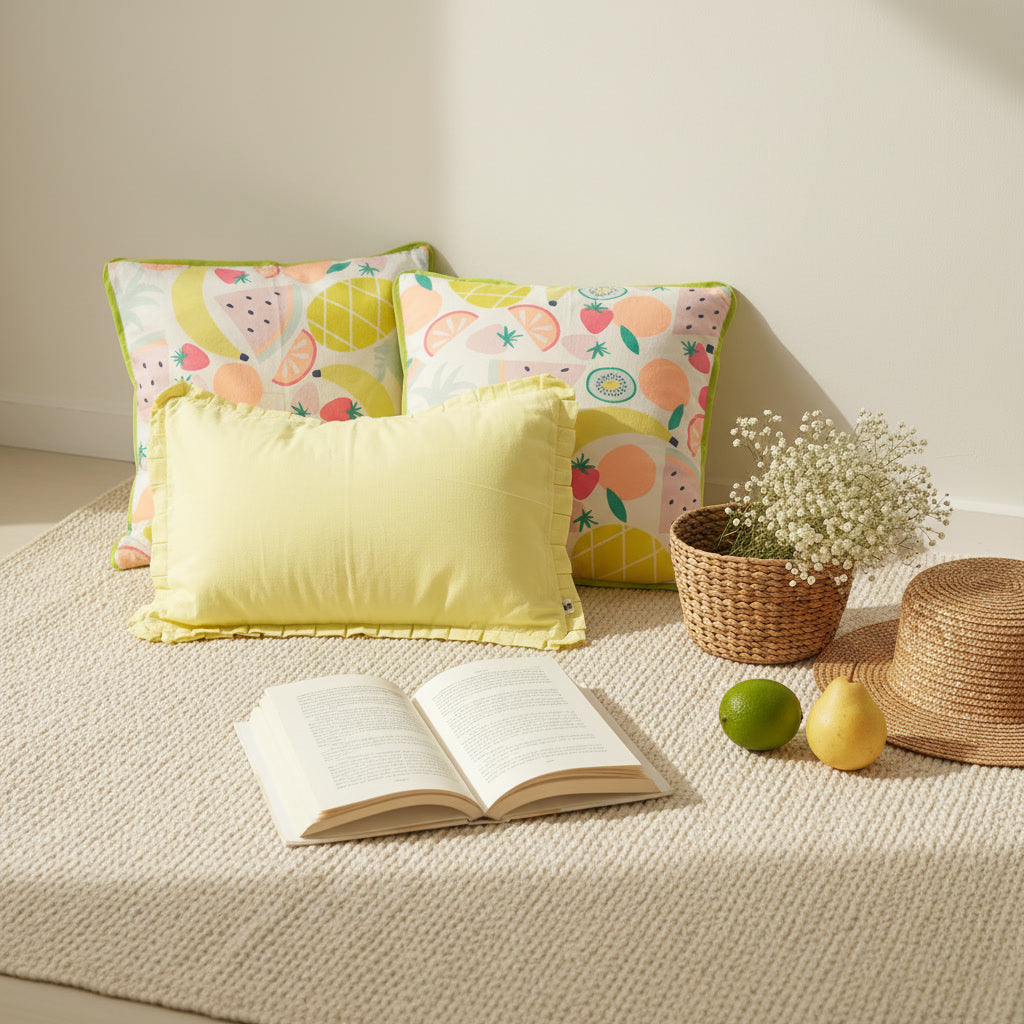 Playful Fruity Print Cushion Cover with Lime Green Piping Border Set of 2