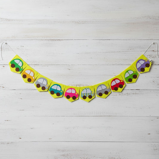Handmade Felt Car Bunting Garland | Colorful Car-Themed Wall Decor for Nursery, Kids Room