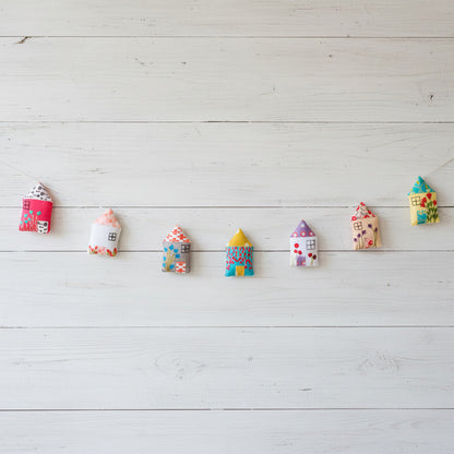 Hand-Embroidered Felt Hut Bunting | Whimsical Mini House Garland for Kids’ Rooms & Nurseries