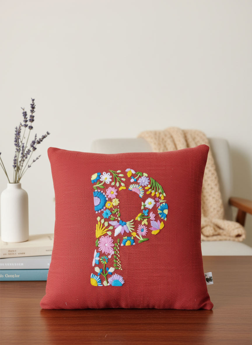 Hand Embroidered Customised Alphabet Cotton Cushion 10*10 Inches