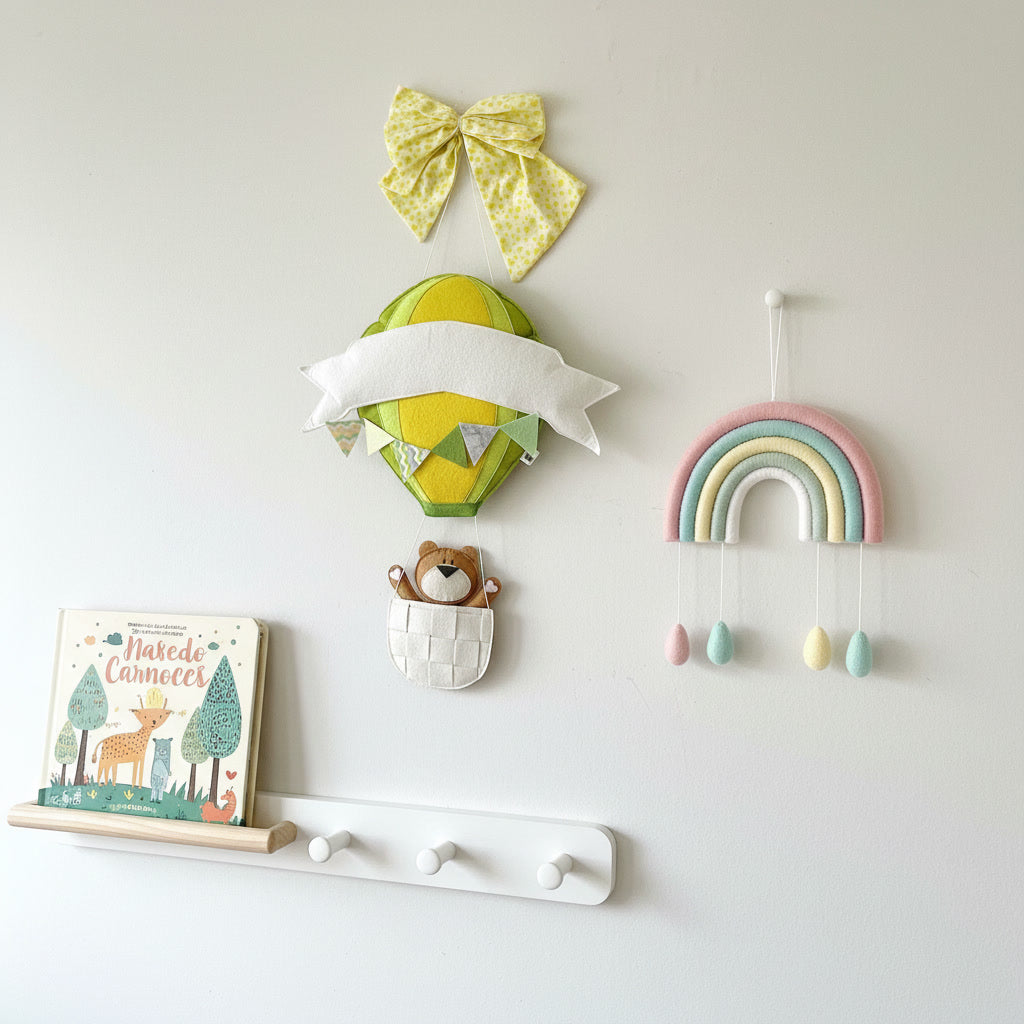 Handmade Felt Customised Name Garland with Hot Air Balloon & Cute Bear in Basket | Personalised Nursery Wall Hanging