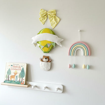 Handmade Felt Customised Name Garland with Hot Air Balloon & Cute Bear in Basket | Personalised Nursery Wall Hanging