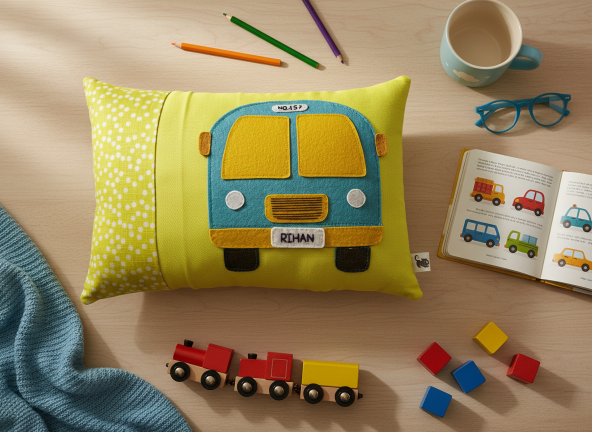 Customised Name Cushion with Felt Patch Design & Hand Embroidered Customised Name