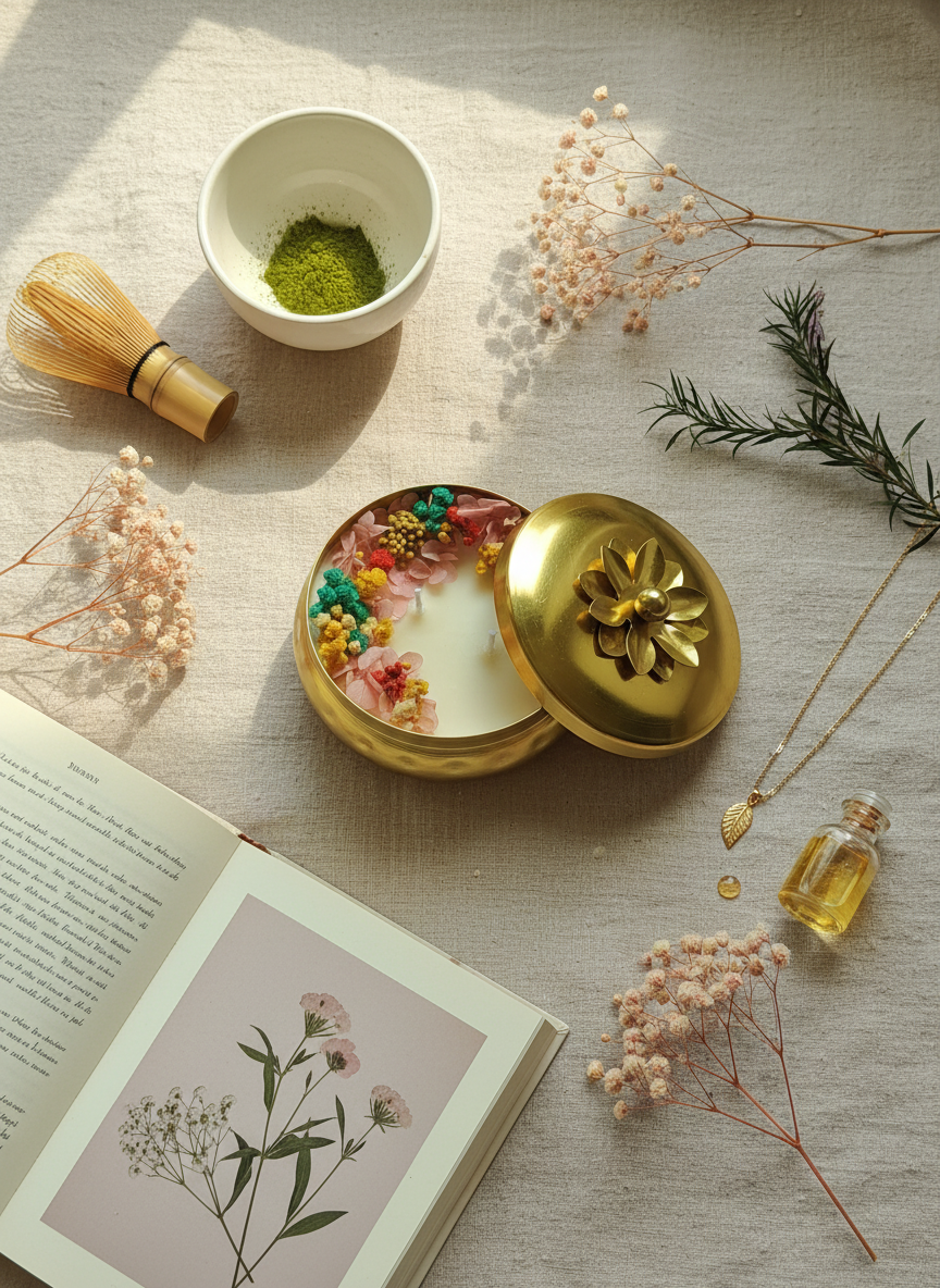 Handcrafted Hand Poured Brass Metal Urli Soy Wax Candle with Natural Dried Flower