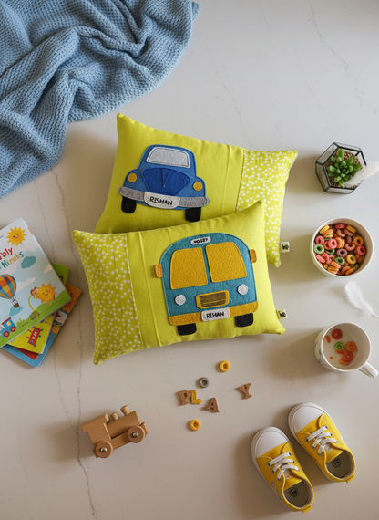 Customised Name Cushion with Felt Patch Design & Hand Embroidered Customised Name