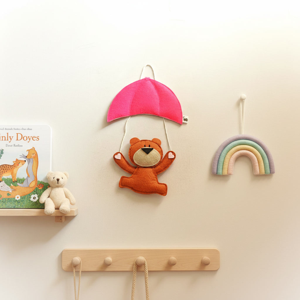 Handmade Felt Customised Name Garland with Cute Parachuting Bear | Personalised Nursery & Kids’ Room Wall Hanging
