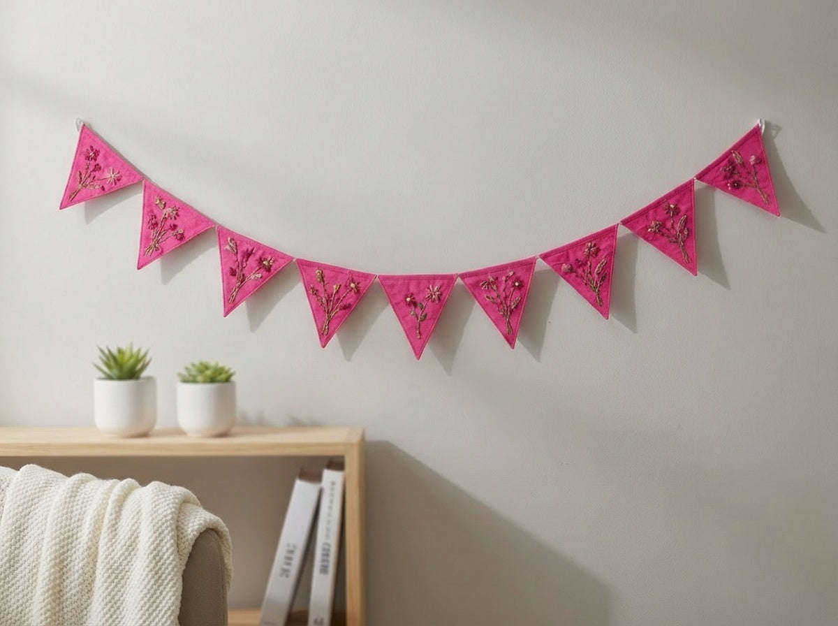 Felt Bunting Banner Pink, Hand Embroidered Floral Garland, Nursery Wall Decor, Fabric Party Banner