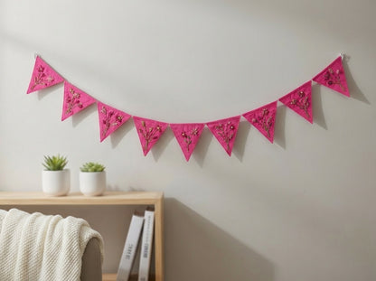 Felt Bunting Banner Pink, Hand Embroidered Floral Garland, Nursery Wall Decor, Fabric Party Banner