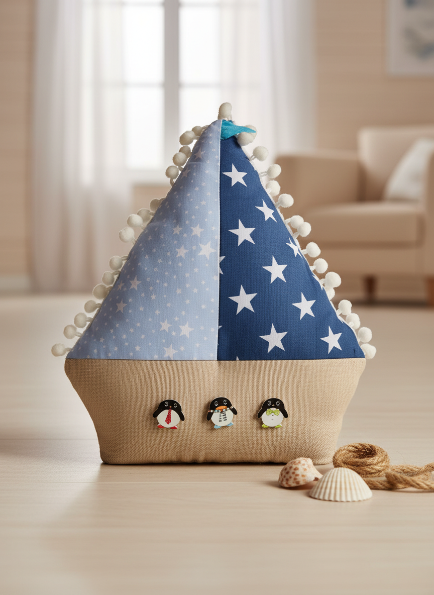 Starry Sailboat Cushion with Wooden Penguin Buttons