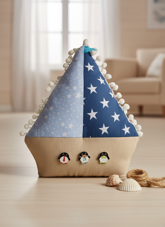 Starry Sailboat Cushion with Wooden Penguin Buttons