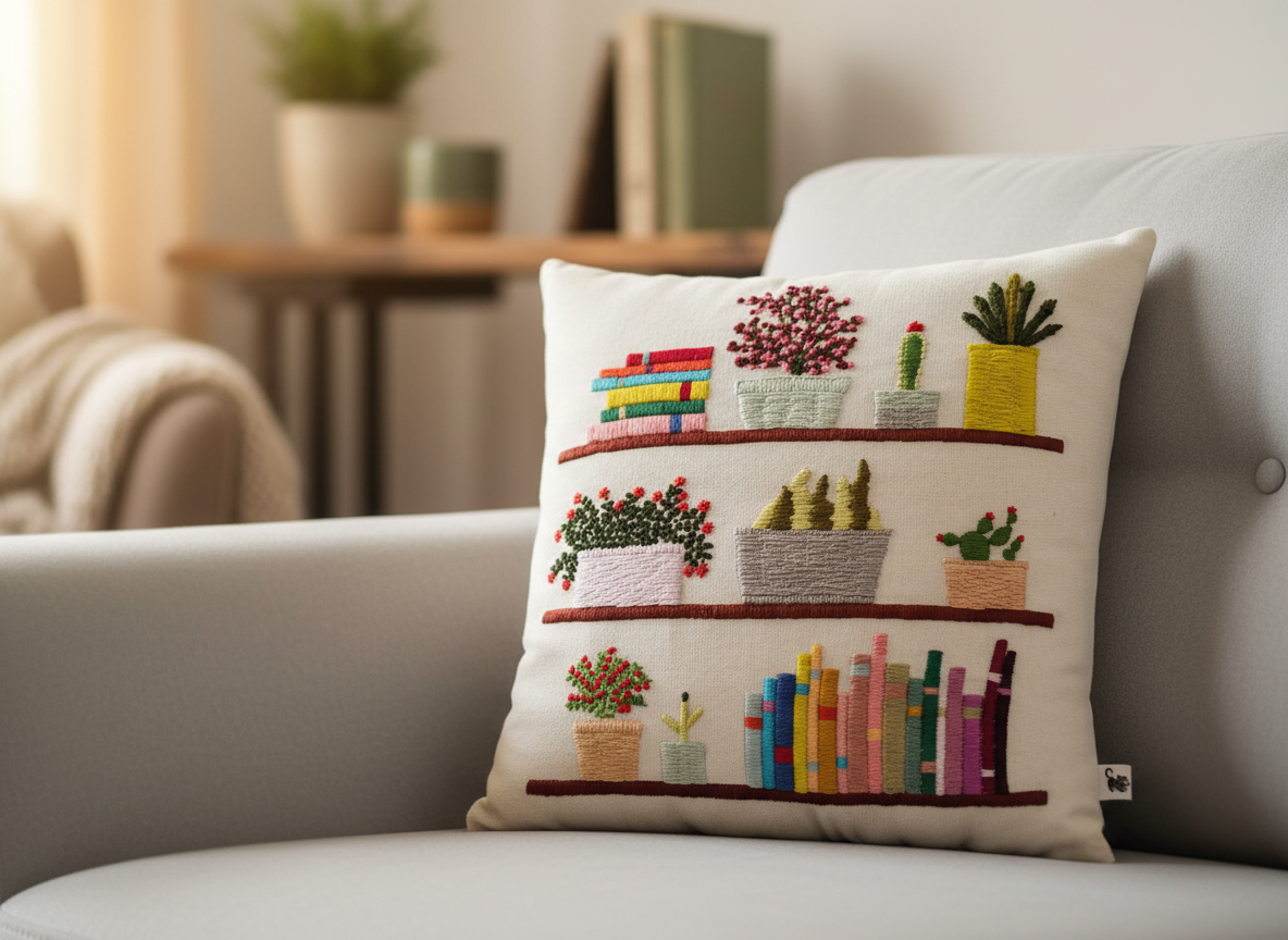 Hand-Embroidered Book Lover Cushion with Colorful Bookshelf & Potted Plants | Cozy Reading Nook Decorative Throw Pillow