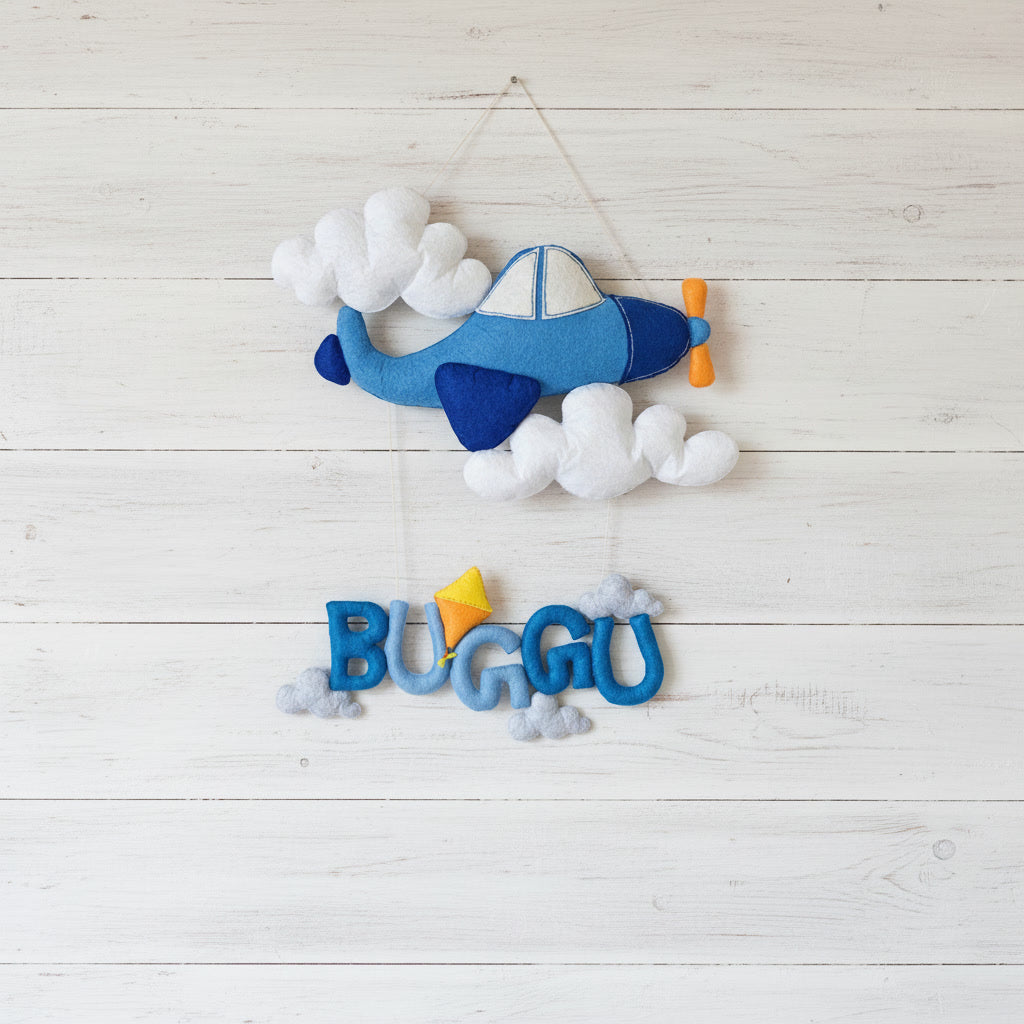 Handmade Felt Customised Name Garland with Airplane & Clouds | Personalised Aviation-Themed | Nursery Wall Hanging