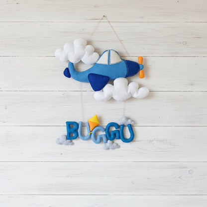 Handmade Felt Customised Name Garland with Airplane & Clouds | Personalised Aviation-Themed | Nursery Wall Hanging
