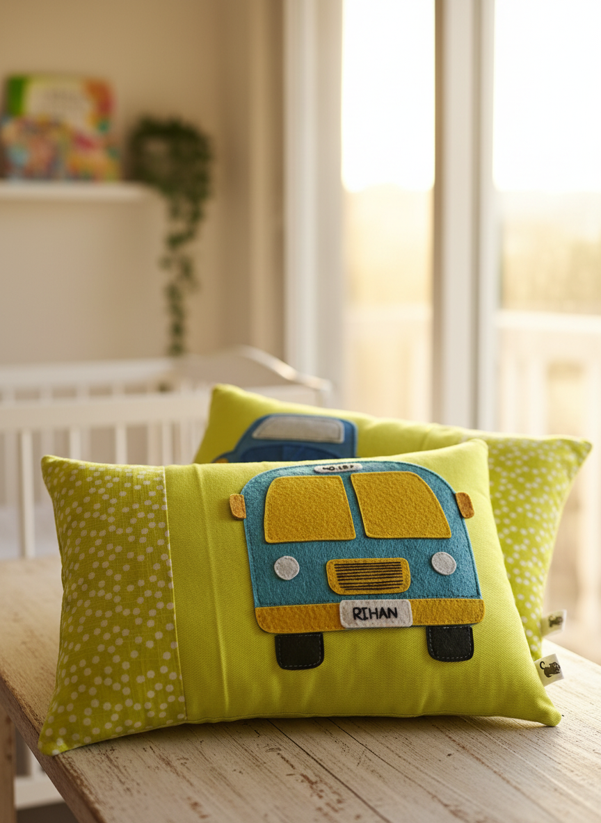 Customised Name Cushion with Felt Patch Design & Hand Embroidered Customised Name