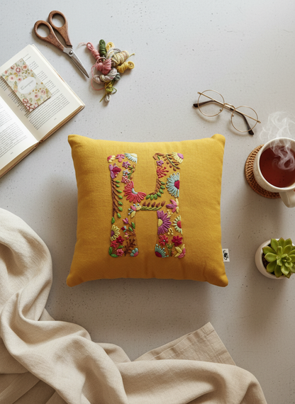 Hand Embroidered Customised Alphabet Cotton Cushion 10*10 Inches