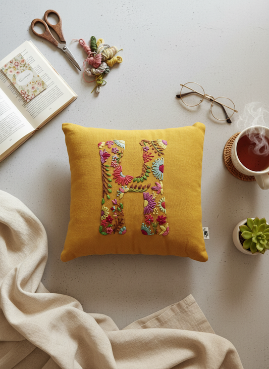 Hand Embroidered Customised Alphabet Cotton Cushion 10*10 Inches