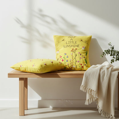 “Just a Little Sunshine” Bright Yellow Floral Hand-Embroidered Cotton Cushion Covers Set of 2