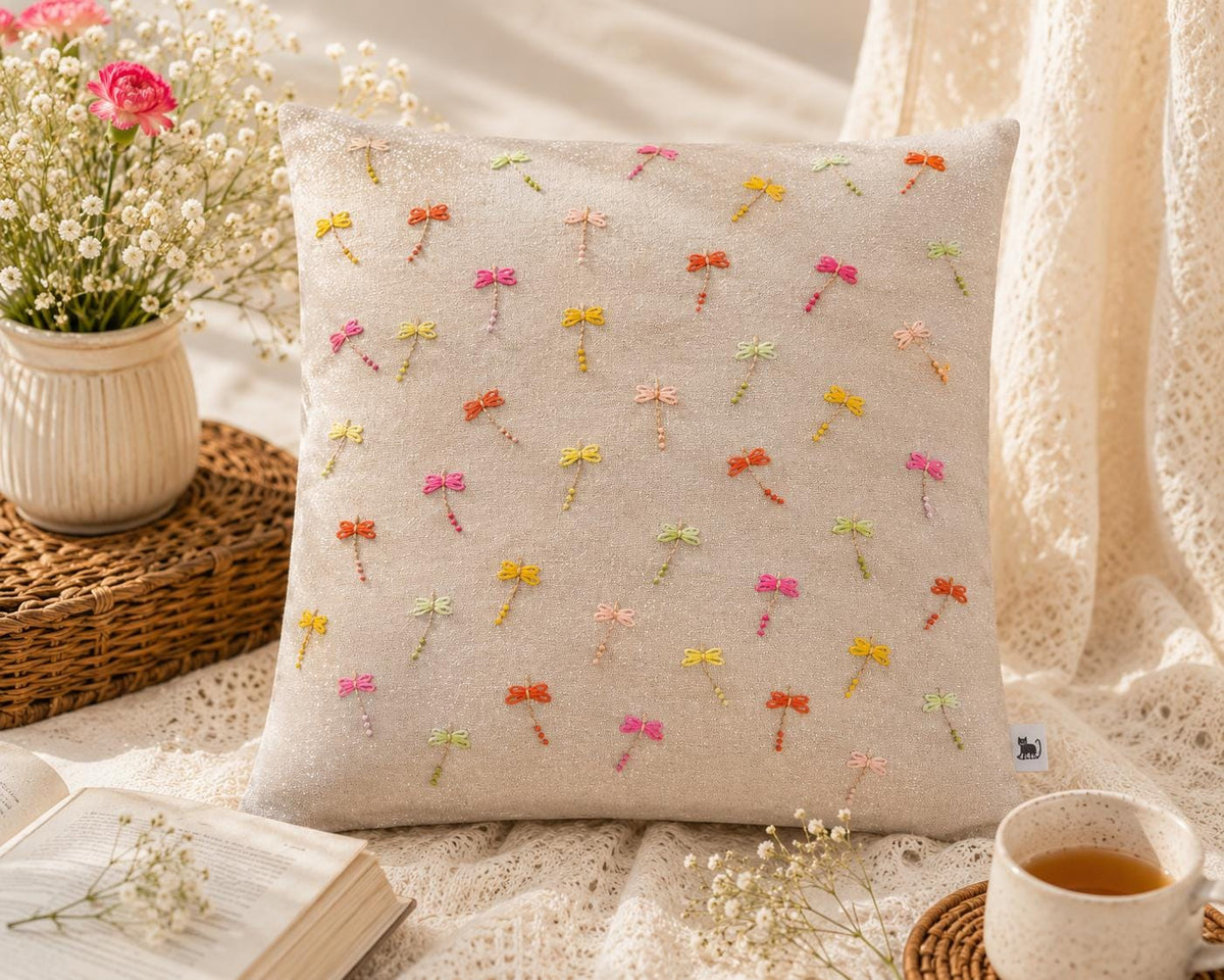 Pastel Dragonfly Embroidered Shimmer Linen Cushion Cover — photo 3