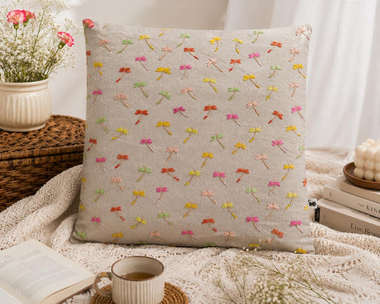 Pastel Dragonfly Embroidered Shimmer Linen Cushion Cover — photo 1