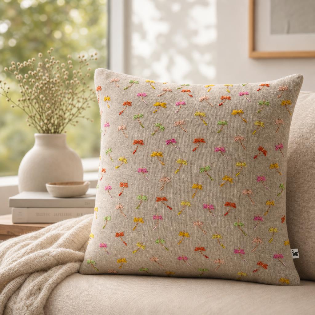 Pastel Dragonfly Embroidered Shimmer Linen Cushion Cover — photo 10