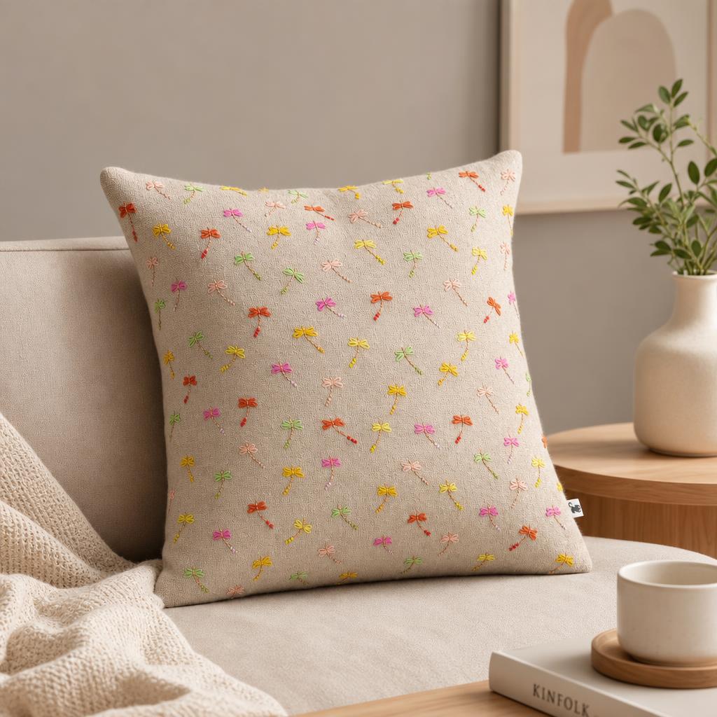 Pastel Dragonfly Embroidered Shimmer Linen Cushion Cover — photo 4