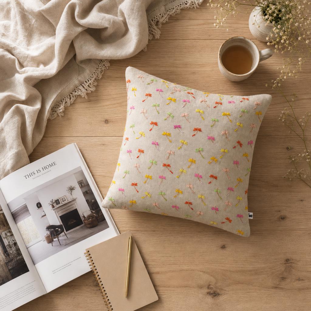 Pastel Dragonfly Embroidered Shimmer Linen Cushion Cover — photo 5