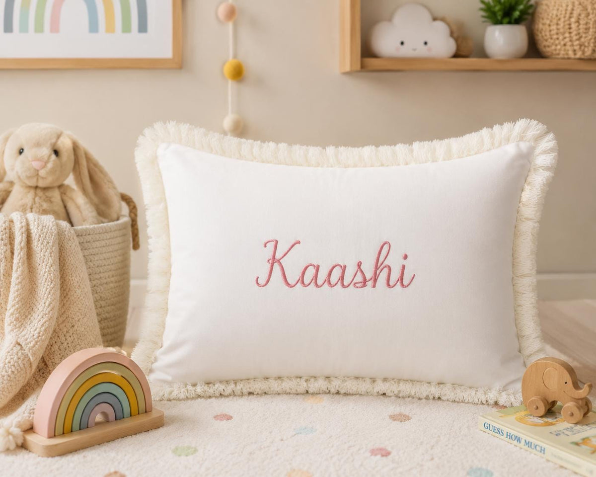 Personalised Name Cushion Cover with White Fringe — photo 2
