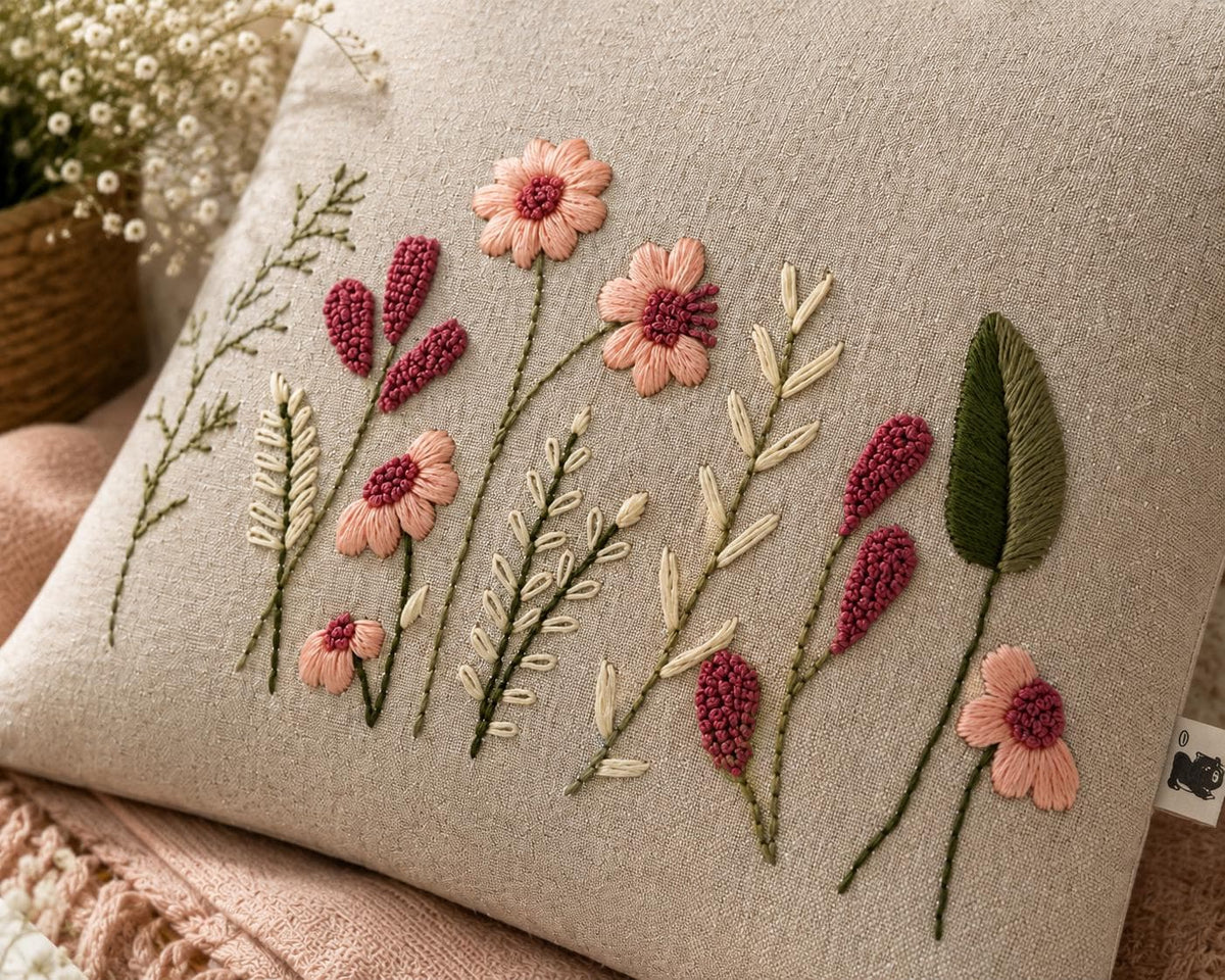 Botanical Floral Hand-Embroidered Cushion Cover — photo 3