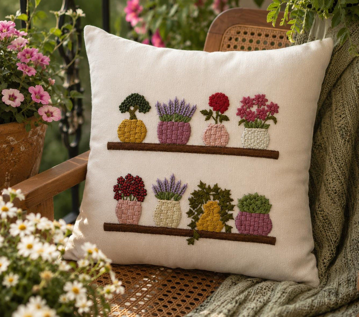 Flower Basket & Botanical Embroidered Cushion Cover — photo 1