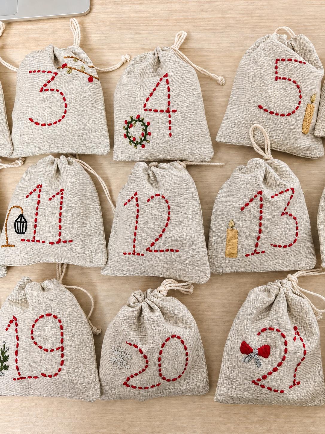 Embroidered Advent Calendar Bunting — 24 Drawstring Pouches — photo 7