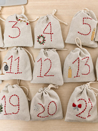 Embroidered Advent Calendar Bunting — 24 Drawstring Pouches — photo 7