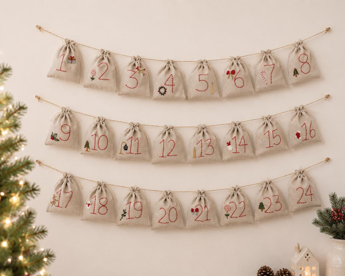 Embroidered Advent Calendar Bunting — 24 Drawstring Pouches — photo 4
