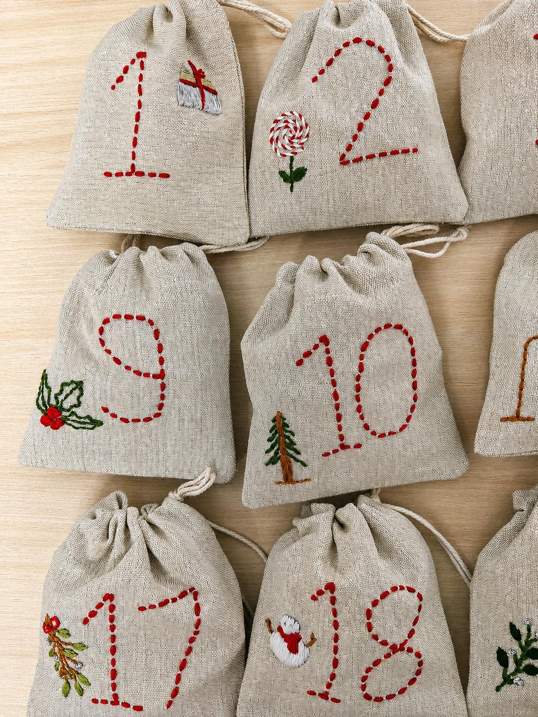 Embroidered Advent Calendar Bunting — 24 Drawstring Pouches — photo 6