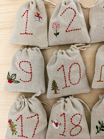 Embroidered Advent Calendar Bunting — 24 Drawstring Pouches — photo 6