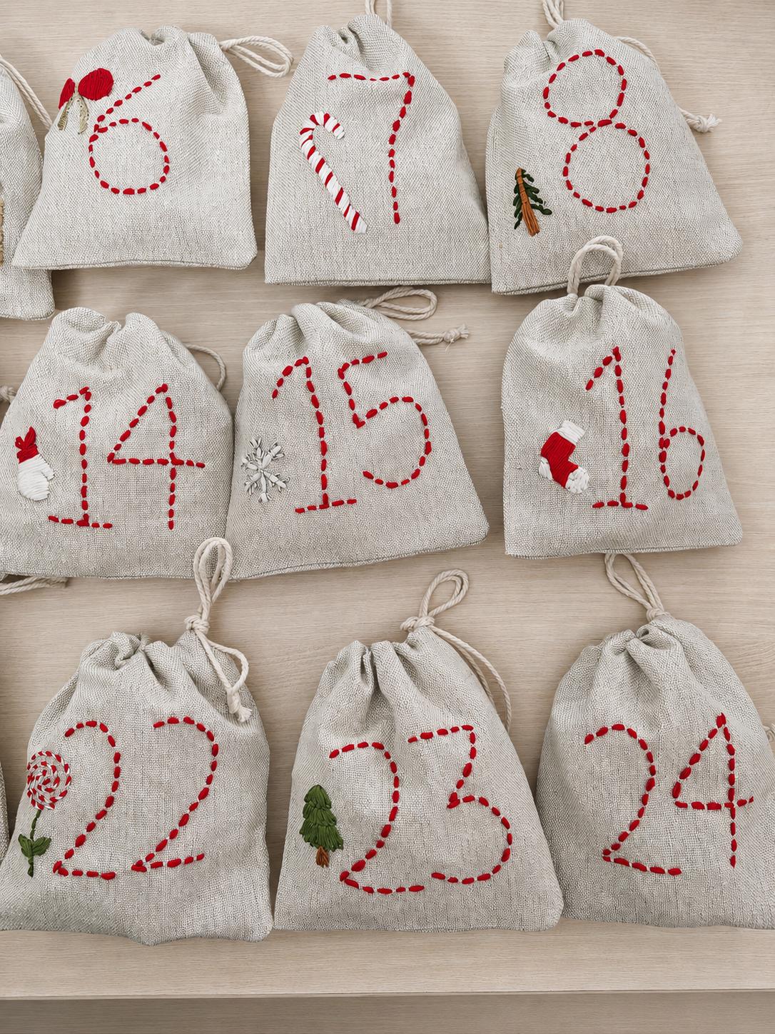 Embroidered Advent Calendar Bunting — 24 Drawstring Pouches — photo 9
