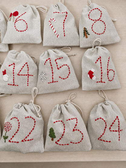 Embroidered Advent Calendar Bunting — 24 Drawstring Pouches — photo 9