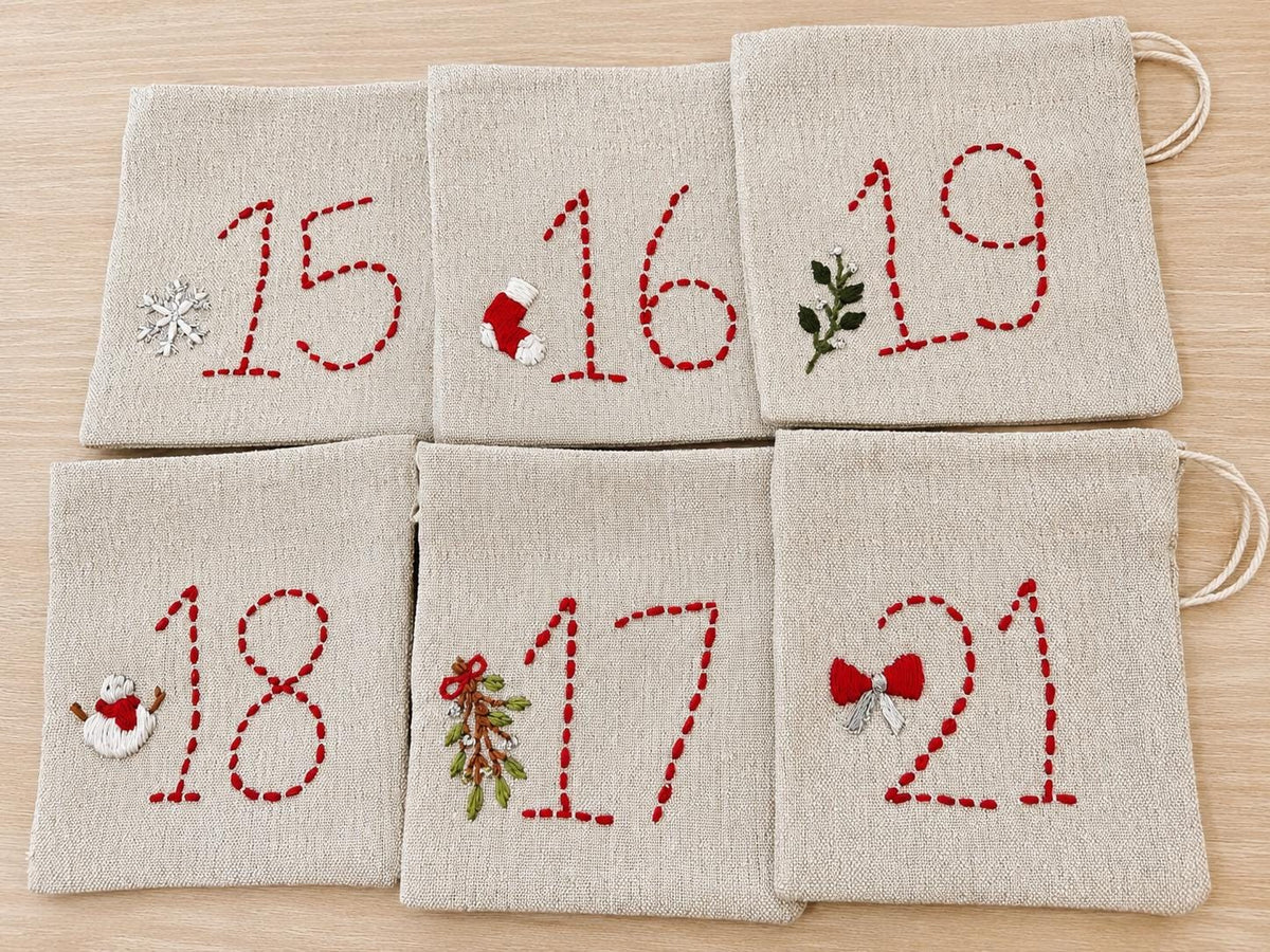 Embroidered Advent Calendar Bunting — 24 Drawstring Pouches — photo 11