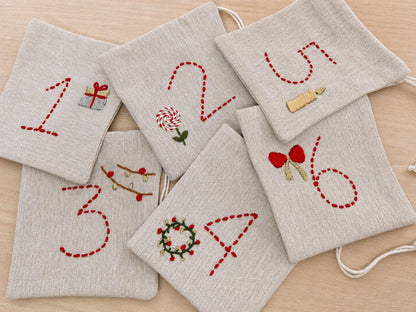 Embroidered Advent Calendar Bunting — 24 Drawstring Pouches — photo 10