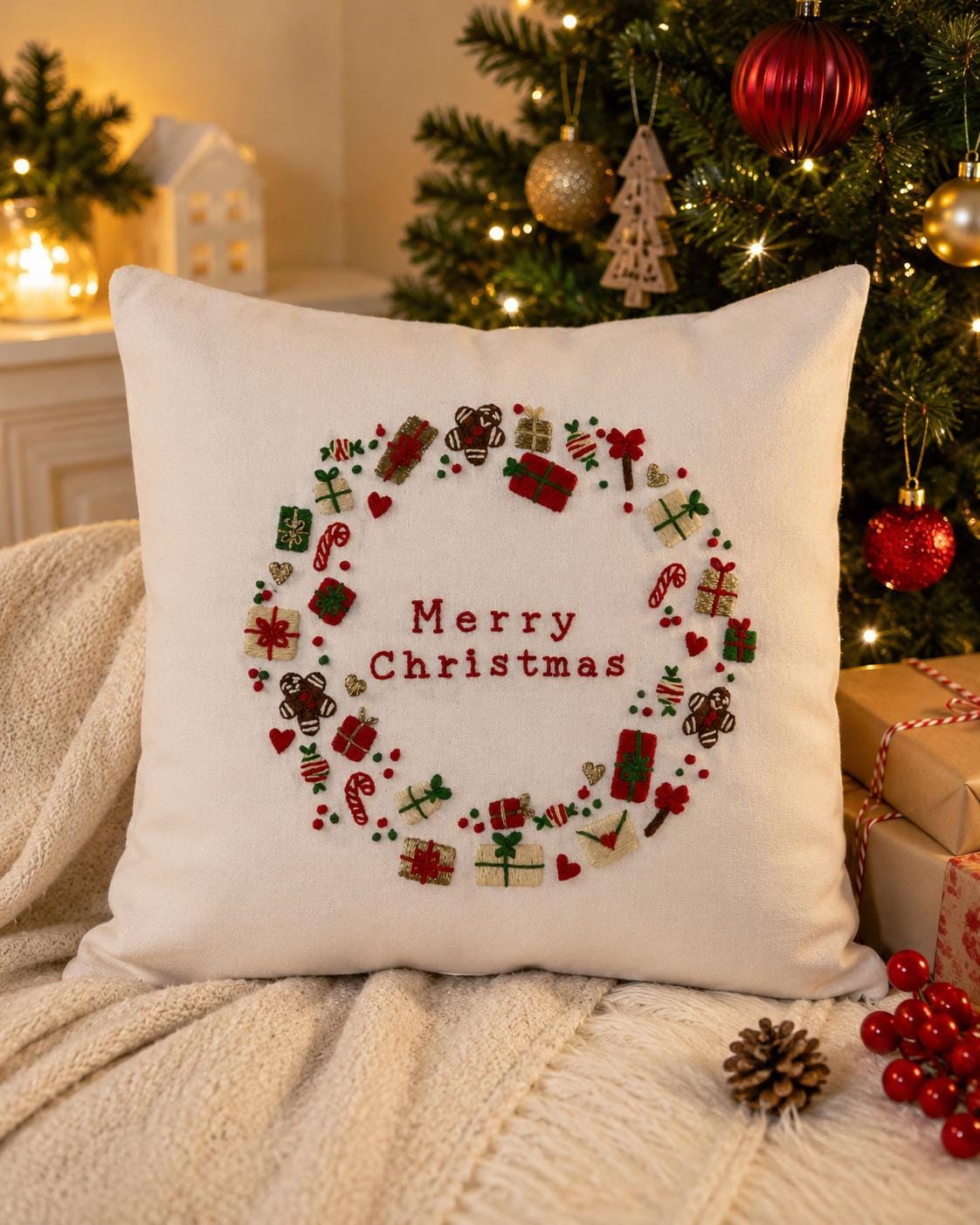 Merry Christmas Wreath Embroidered Cushion Cover — photo 1