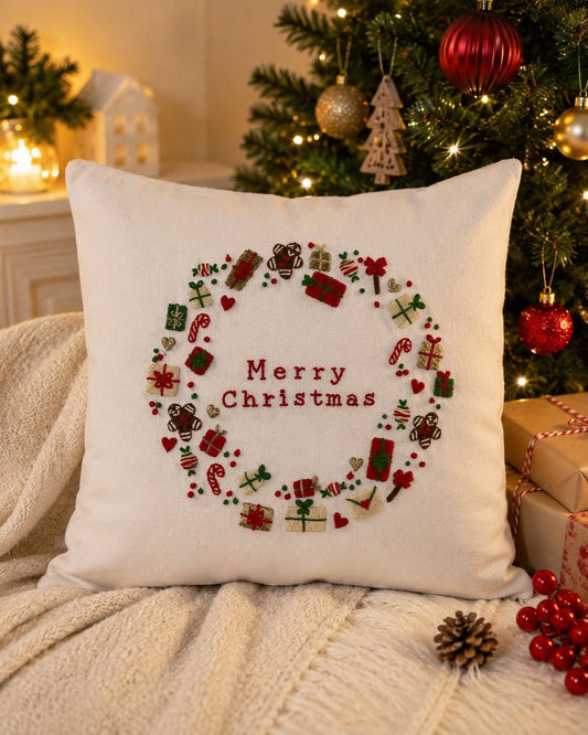 Merry Christmas Wreath Embroidered Cushion Cover — photo 1