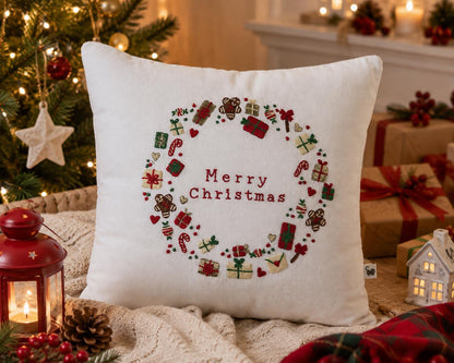 Merry Christmas Wreath Embroidered Cushion Cover — photo 2