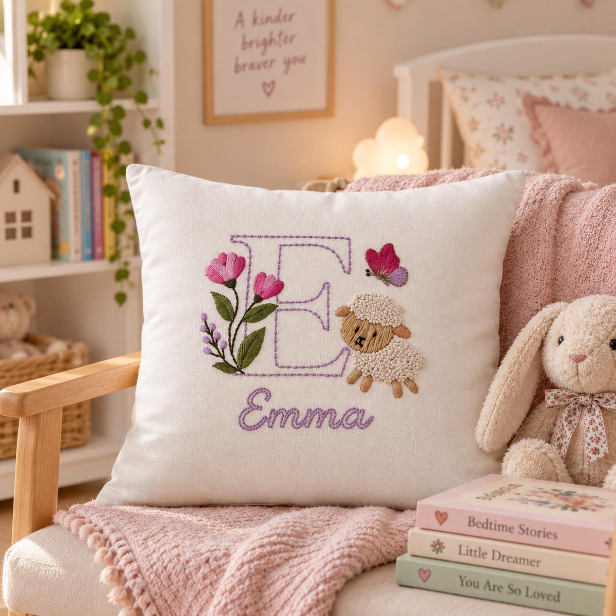 Personalised Floral Initial & Lamb Cushion Cover — photo 2