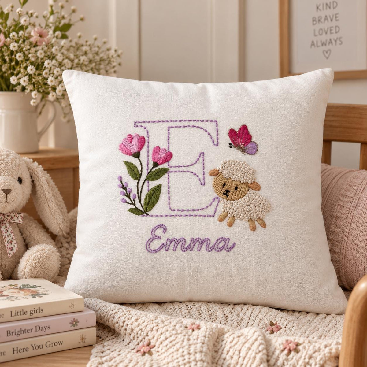 Personalised Floral Initial & Lamb Cushion Cover — photo 1