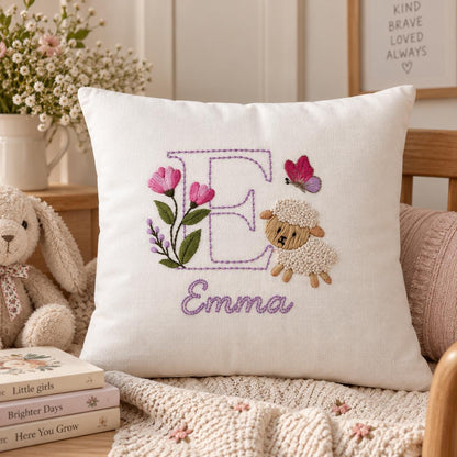Personalised Floral Initial & Lamb Cushion Cover — photo 1