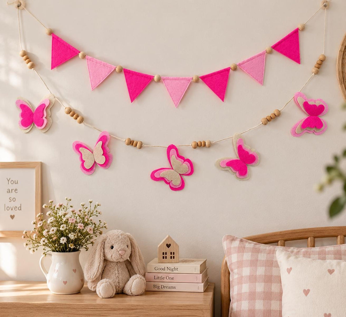 Pink Butterfly & Triangle Felt Bunting — Set or Singles — photo 1