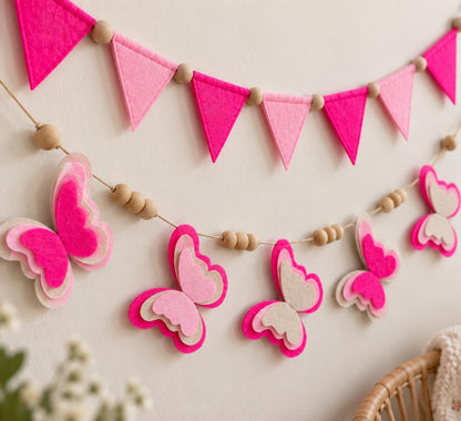Pink Butterfly & Triangle Felt Bunting — Set or Singles — photo 2