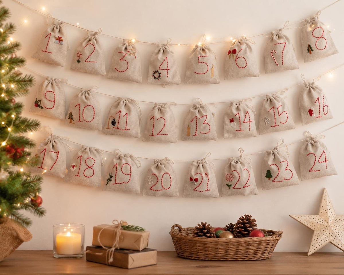 Embroidered Advent Calendar Bunting — 24 Drawstring Pouches — photo 3