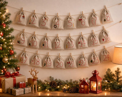Embroidered Advent Calendar Bunting — 24 Drawstring Pouches — photo 5